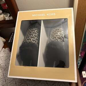 Michael Kors Janis Signature Monogram Faux Fur Slippers, Black, Size 11